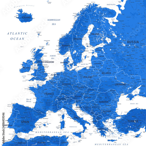 Europe - Highly Detailed Vector Map of the Europe. Ideally for the Print Posters. Blue Colors. Relief Topographic