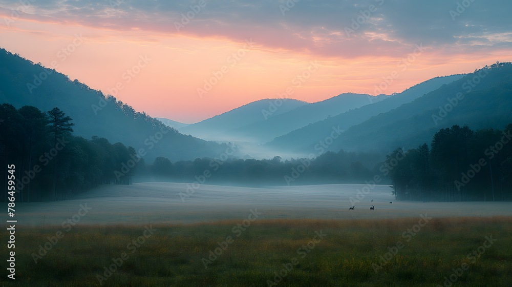Tranquil Dawn in Misty Meadow with Deer and Forested Hills
