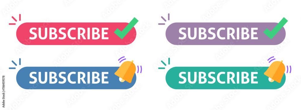 Subscribe button icon with check mark and bell vector graphic illustration set red blue purple green color, subscription flat cartoon ui element image clipart modern design Subscribe button icon with check mark and bell vector graphic illustration set red blue purple green color, subscription flat cartoon ui element image clipart modern design