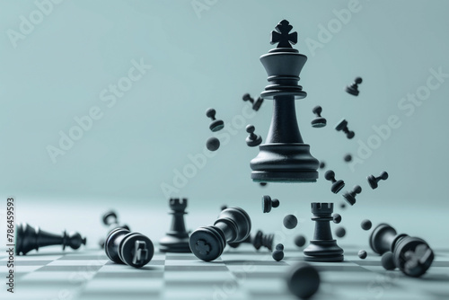 King chess stand win with falling chess and icons concept of team player or business team and leadership strategy or strategic planning.