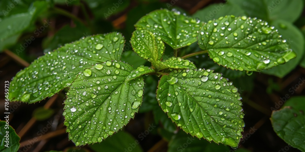 Green leaf covered in water droplets Green leaf covered in water droplets