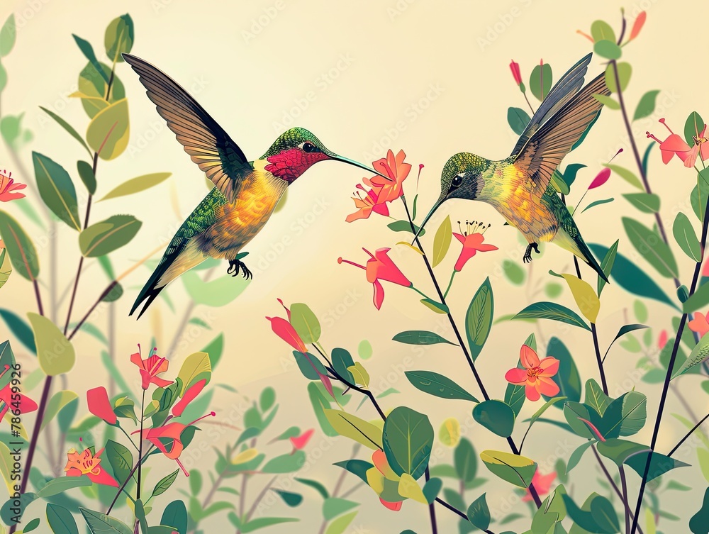 Artistic illustration of two hummingbirds hovering and feeding from vibrant orange flowers against a soft blue background..