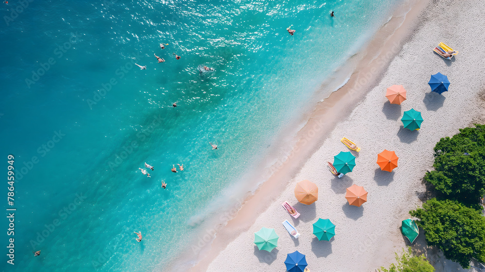 Naklejka premium Aerial View of a Pristine Tropical Beach with Sunshades and Turquoise Sea
