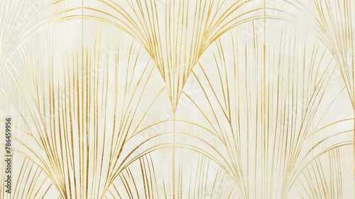 Wallpaper. Background. Beige and white pattern with lines of different thicknesses, inspired by Art Deco style, with thin gold foil on paper