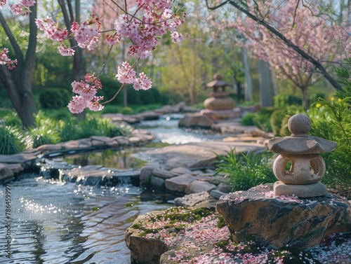 A tranquil Japanese garden with a winding stream, stone lanterns, and cherry blossom trees in full bloom Zen serenity Soft, filtered light creates a peaceful ambiance