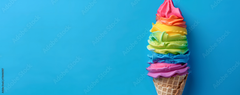 Rainbow Swirl Ice Cream Cone Against a Blue Background