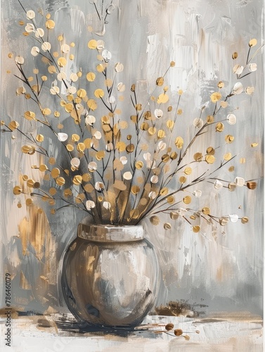 Oil painting with flower in pot, golden motifs, rustic, AI generated