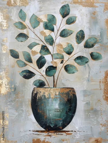 Oil painting with flower in pot, golden motifs, rustic, AI generated