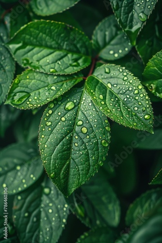 Green leaves with water drops glistening
