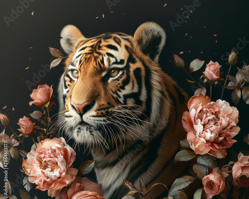 Elegant tiger, floral fantasy.