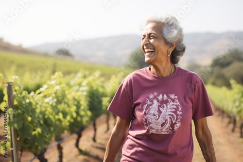Portrait of a happy indian woman in her 80s sporting a vintage band t-shirt while standing against backdrop of rolling vineyards