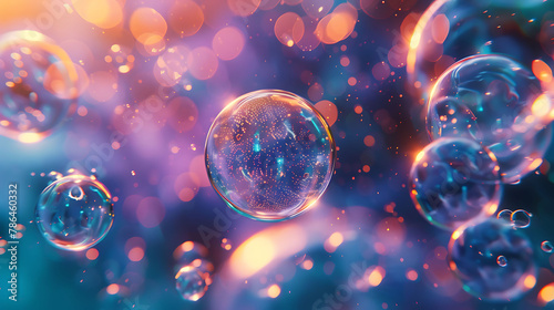 Macro photography of bubbles in liquids, science and technology, copy space