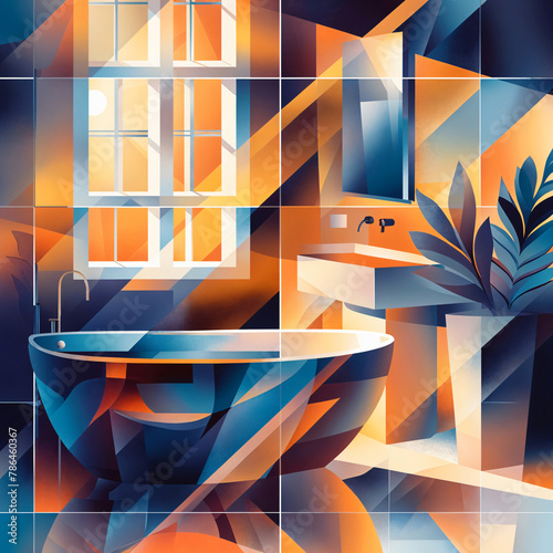 Vector illustration of a mordern bathroom with window and bathtub, wash basin and potted plant, 8K