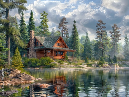 A tranquil lakeside cabin nestled among towering pine trees, with a cozy fire burning in the hearth and the sound of loons calling on the water rustic retreat The peace and solitude of the wilderness