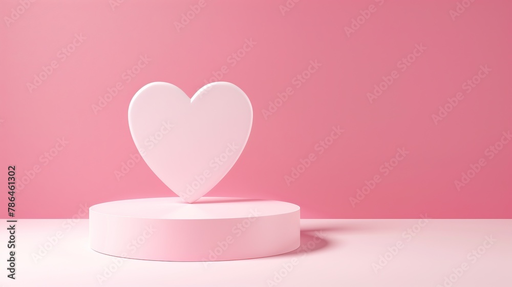 A pink podium with a white heart on it against a pink background. - obrazy, fototapety, plakaty 