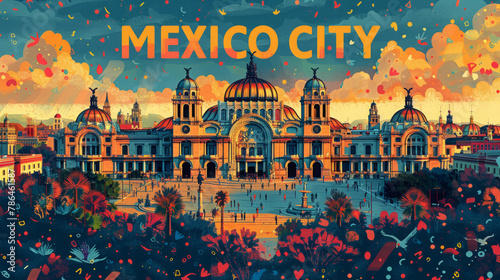 Postcard. Festive illustration of Zocalo Square in Mexico City with the inscription 