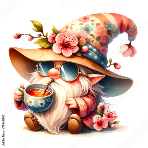 Gnomes and Cherry Blossoms Illustration Collection, A vibrant collection of illustrated gnomes surrounded by cherry blossoms, symbolizing spring and whimsy, watercolor gnomes, spring gnome

