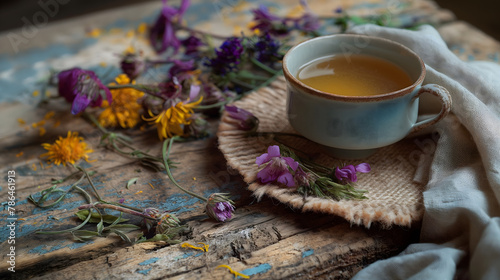 Herbal Tea in Glass Cup Surrounded by Wildflowers in Nature