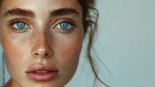 Close up portrait of a beautiful woman with blue eyes and clean  fresh skin