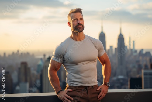 Portrait of a blissful man in his 40s donning a trendy cropped top while standing against stunning skyscraper skyline