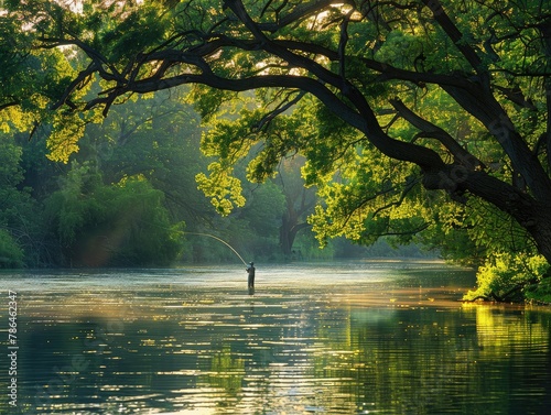 A tranquil riverside scene at dusk, with the silhouette of a lone fisherman casting his line into the calm waters beneath a canopy of trees riverside serenity Soft, golden light bathes the peaceful