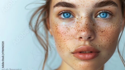 Close up portrait of young beautiful woman with blue eyes and perfect skin