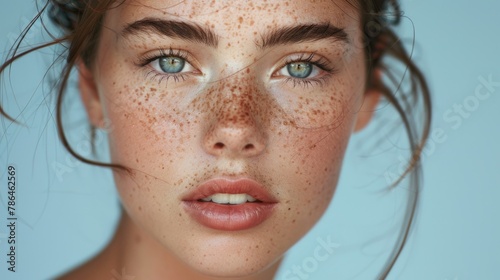 Beautiful woman face close up natural skin beauty, blue eyes and freckles.