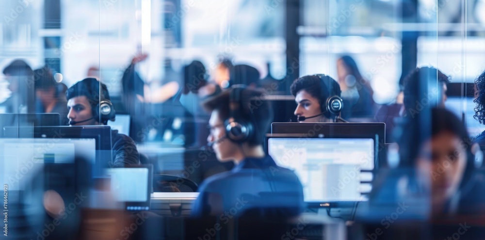 Business people with headsets working in a call center office.