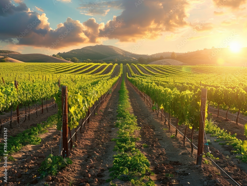 A tranquil, sun-drenched vineyard with rows of grapevines stretching towards the horizon, where workers tend to the vines under a clear blue sky wine country Soft, golden sunlight bathes the rolling
