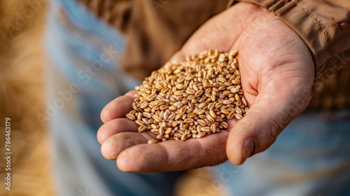 A close-up of the farmer's hand holding a handful of wheat grains, symbolizing abundance. 