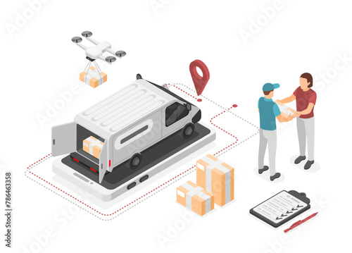 Isometric logistic service worker. Delivery parcels and goods. Courier giving cardboard box to client. Online shop or post, flawless vector concept