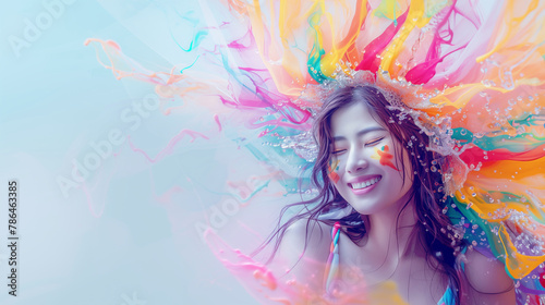 Portrait of a beautiful and happy woman with colorful water and painting in pastel style © Bestgen Studio