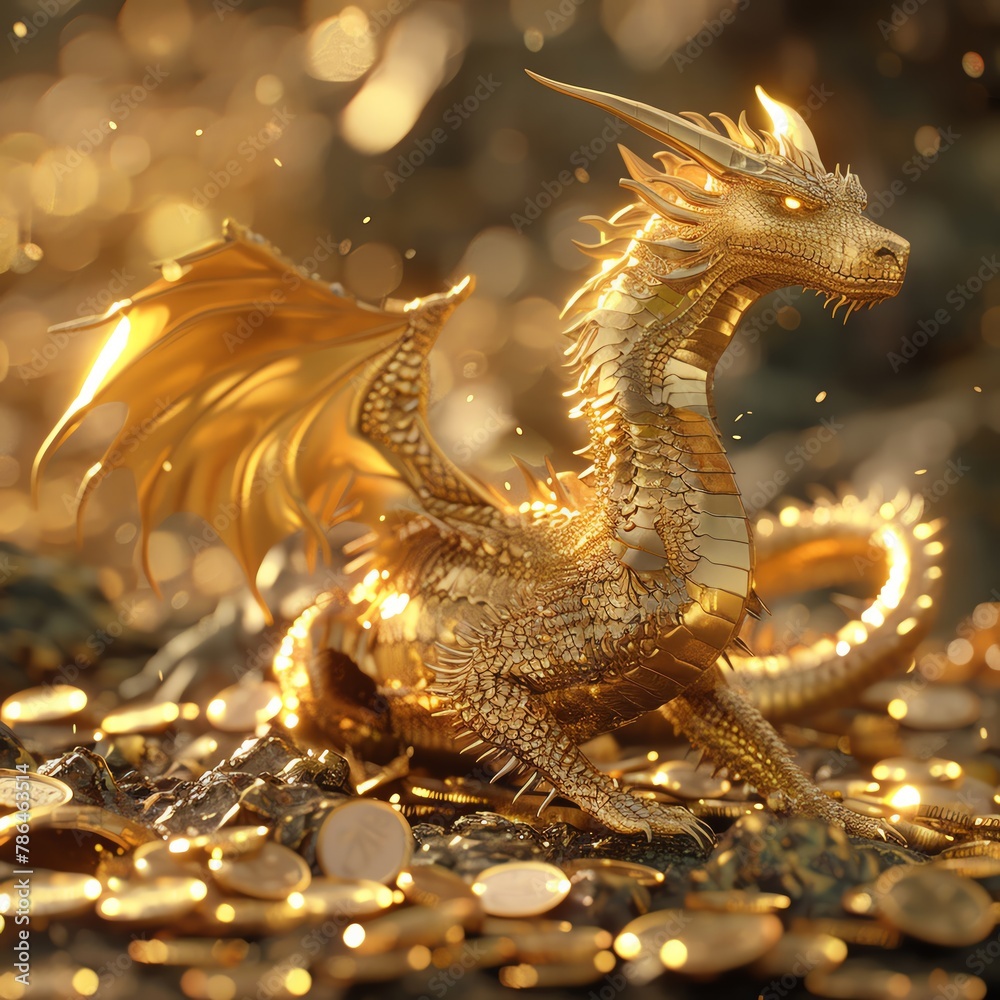 Detailed 3D render of a mythical golden dragon with horns and a flowing tail, hovering protectively over a field of scattered gold coins, casting a warm glow, perfect for a wallpaper symbolizing power