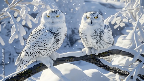 Silent Guardians: A Majestic Pair of Snowy Owls Perched Amidst a Winter Wonderland, Their Piercing Eyes Piercing the Serene Landscape, Elegantly Embodying the Mystique of the Arctic. photo