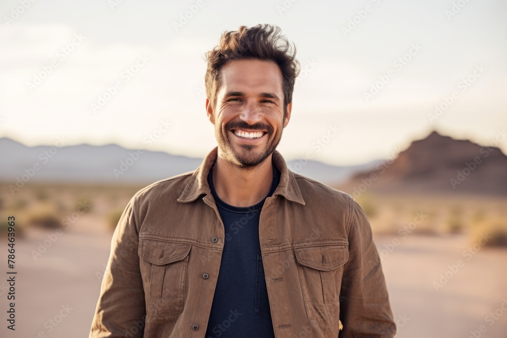 Portrait of a smiling man in his 30s sporting a rugged denim jacket isolated on backdrop of desert dunes Portrait of a smiling man in his 30s sporting a rugged denim jacket isolated on backdrop of desert dunes
