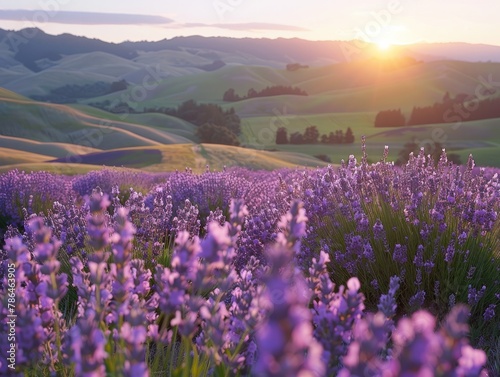 A vast expanse of rolling hills covered in blooming lavender fields pastoral beauty Soft sunlight bathes the scene, illuminating the purple flowers and filling the air with their sweet fragrance