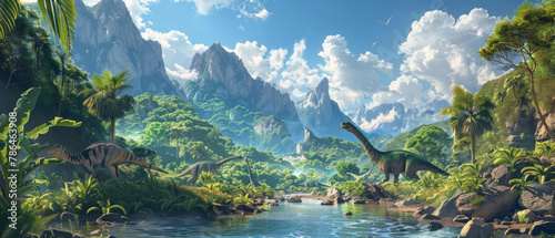 A lush, verdant prehistoric landscape with towering mountains, cascading waterfalls, and an abundance of prehistoric creatures including majestic dinosaurs, creating a mesmerizing, primeval scene.