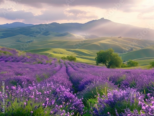 A vast expanse of rolling hills covered in blooming lavender fields pastoral beauty Soft sunlight bathes the scene, illuminating the purple flowers and filling the air with their sweet fragrance © Cool Patterns