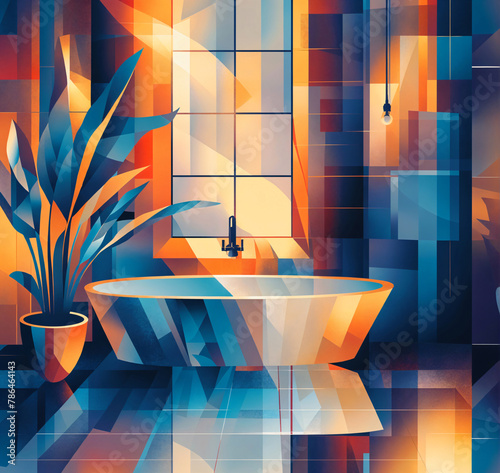 Vector illustration of a mordern bathroom with window and bathtub, wash basin and potted plant