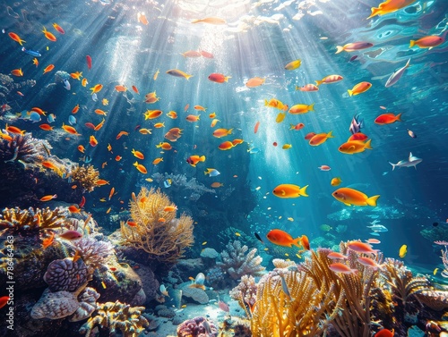 A vibrant coral reef teeming with colorful fish and exotic sea creatures, with shafts of sunlight filtering through the clear blue water underwater oasis Sunlight dances across the reef © Cool Patterns
