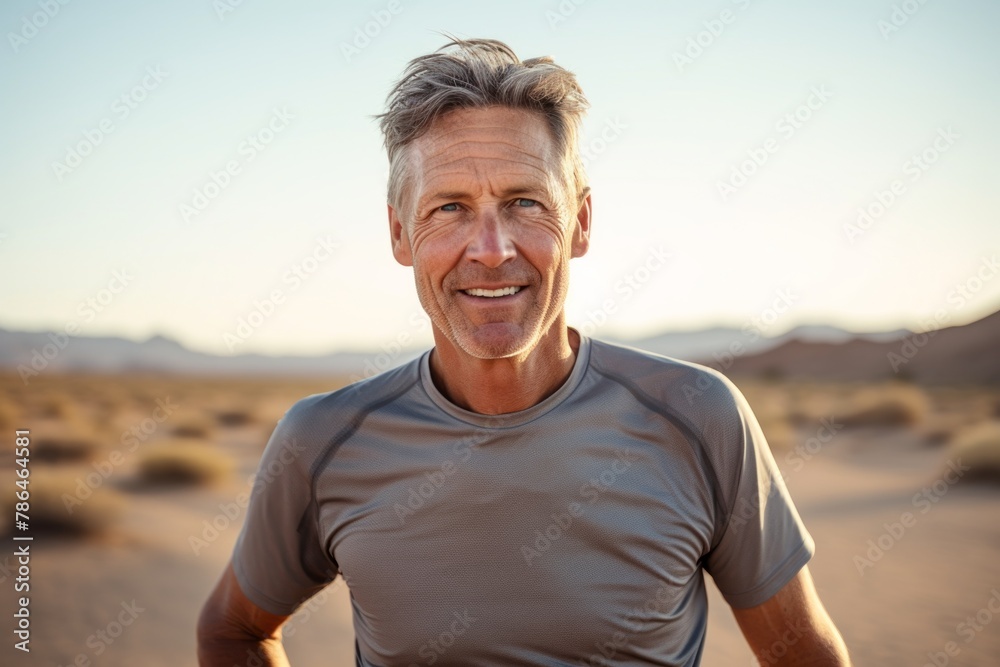 Portrait of a jovial man in his 50s wearing a moisture-wicking running shirt while standing against backdrop of desert dunes Portrait of a jovial man in his 50s wearing a moisture-wicking running shirt while standing against backdrop of desert dunes