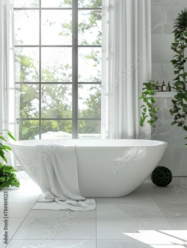 A luxurious bathroom transformed into a lush botanical retreat, featuring a freestanding tub surrounded by an abundance of thriving plants and natural light. © burntime555