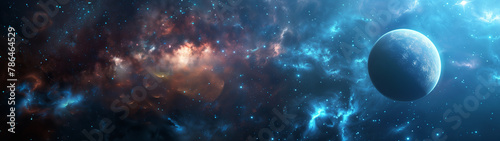 Space background panorama with nebula swirls in the vastness of space. Planet on the space and stars glimmer in the black background.