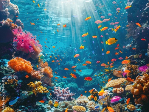 A vibrant coral reef teeming with colorful marine life, with shafts of sunlight filtering down from the surface underwater wonderland Soft, diffused light illuminates the scene, bringing © Cool Patterns