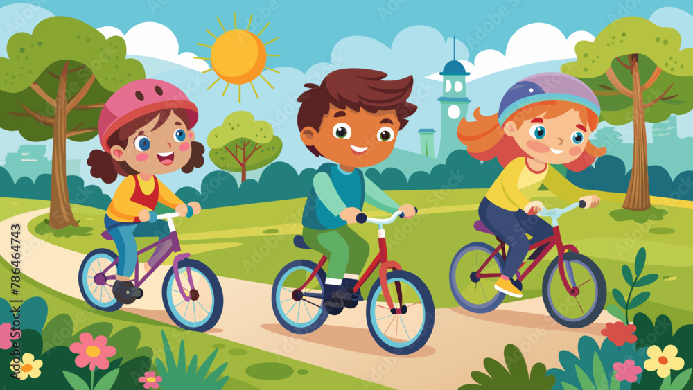 vector-illustration-of-happy-kids-riding-bicycles