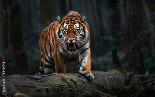 A majestic Sumatran tiger pauses on a fallen tree trunk, alert and focused, its powerful muscles ready to pounce at any moment.