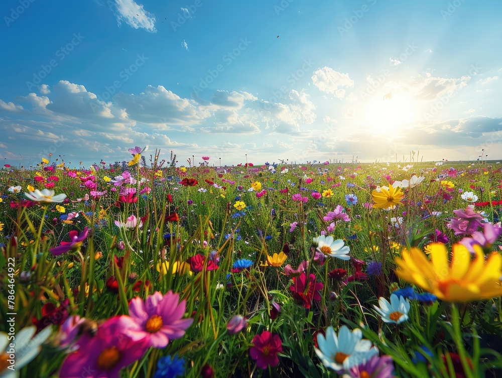 A vibrant field of blooming wildflowers stretching towards the horizon, with bees buzzing amidst the colorful petals springtime bliss Bright sunlight saturates the scene, enhancing the natural beauty