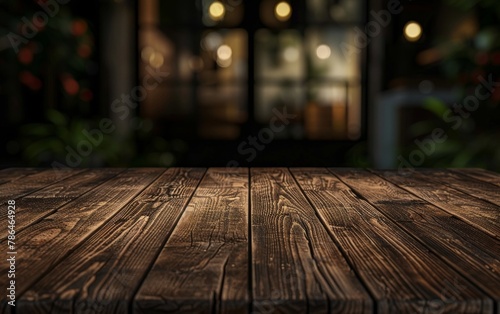 A detailed view of a rustic wooden tabletop, with a blurred background showcasing warm indoor lights and greenery.