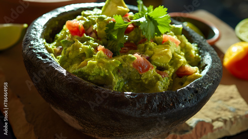 Steamy Fresh Guacamole in a Stone Bowl with Tortilla Chips