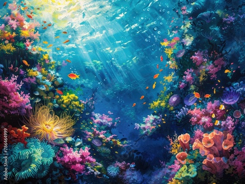 A vibrant coral reef teeming with life, with colorful fish darting among swaying sea anemones and delicate coral formations underwater wonderland Sunlight dances through the water © Cool Patterns